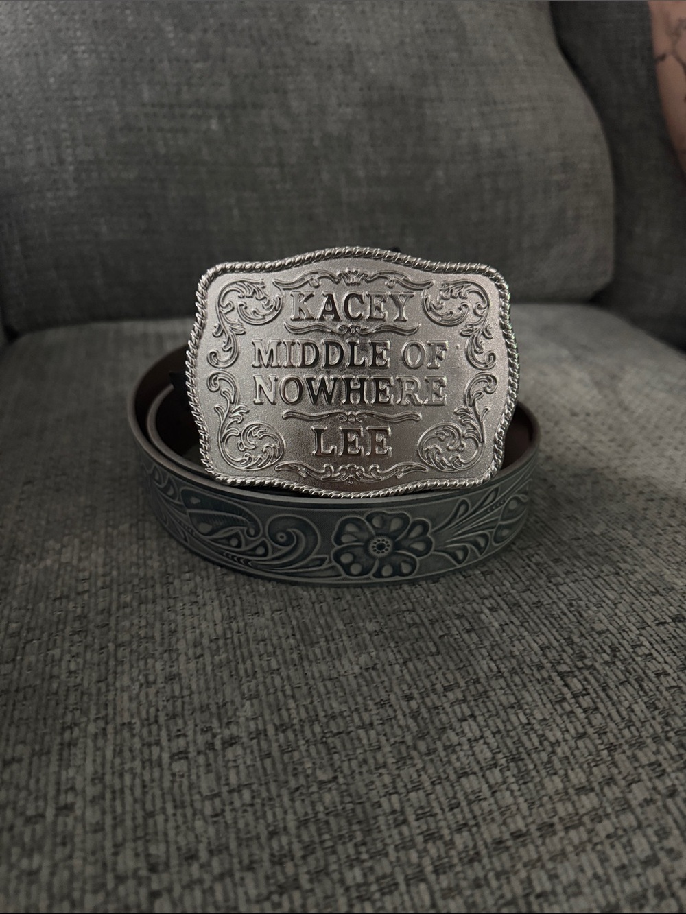 Kacey Lee-Custom Engraved Silver Buckle with Floral Leather Belt - blue